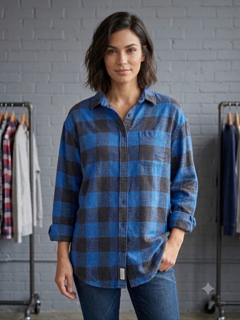 American Eagle Outfitters Blue and Black Buffalo Plaid Button-Down Shirt